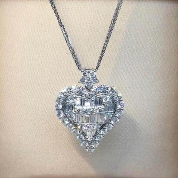 BAGUETTE STERLING SILVER DIAMOND HEART NECKLACE, NICE NECKLACE, CUTE NECKLACE
